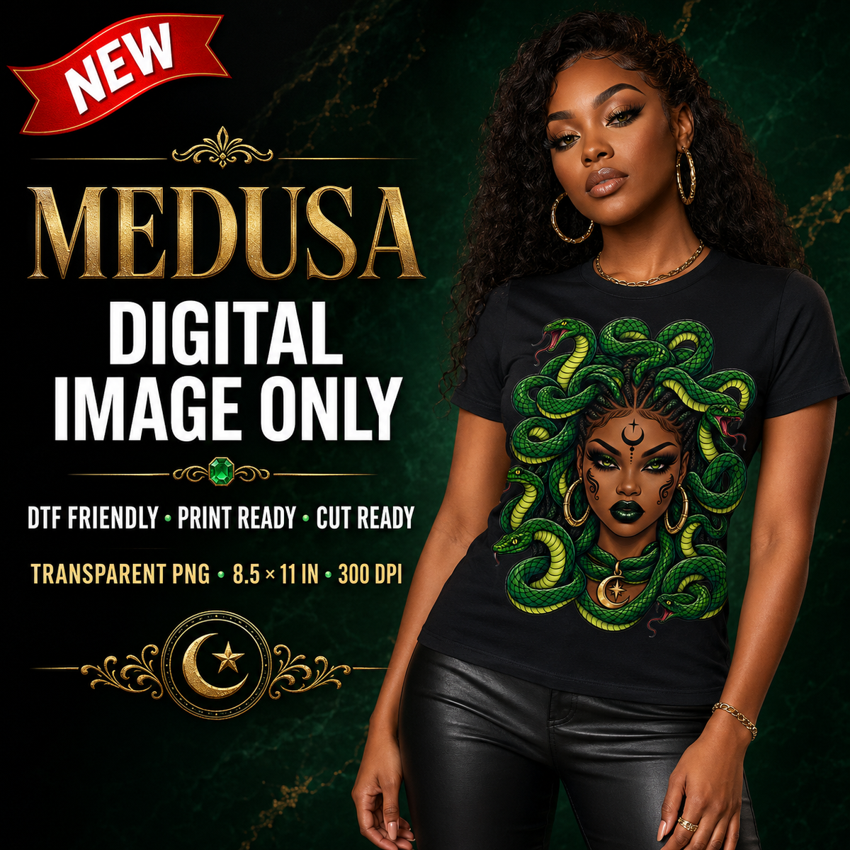 African American Medusa with green snakes, gold hoop earrings and celestial details on a transparent background
