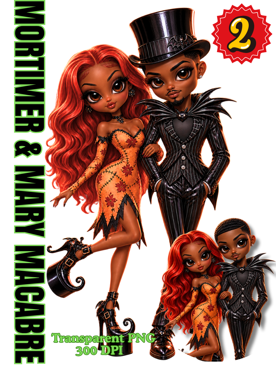 Mortimer and Mary Macabre gothic African American Halloween couple clipart with orange stitched dress, black pinstripe suit, top hat, and curled platform shoes