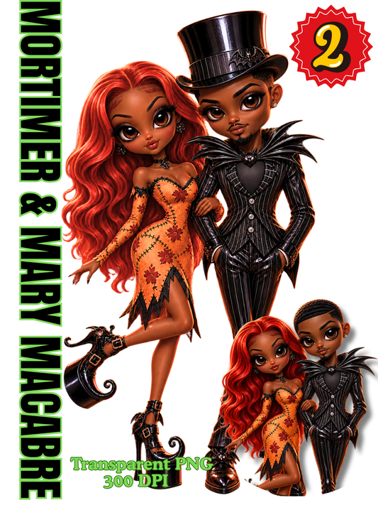 Mortimer and Mary Macabre gothic African American Halloween couple clipart with orange stitched dress, black pinstripe suit, top hat, and curled platform shoes