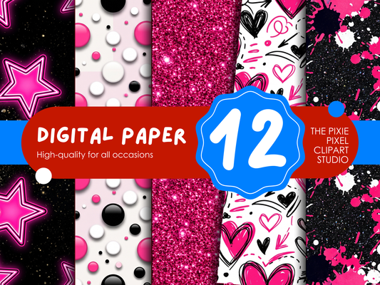 Hot Pink & Black Digital Paper