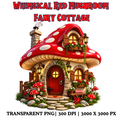 Whimsical Red Mushroom Fairy Cottage PNG | Fairycore Woodland Clipart