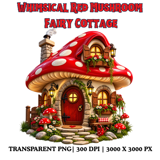 Whimsical Red Mushroom Fairy Cottage PNG | Fairycore Woodland Clipart