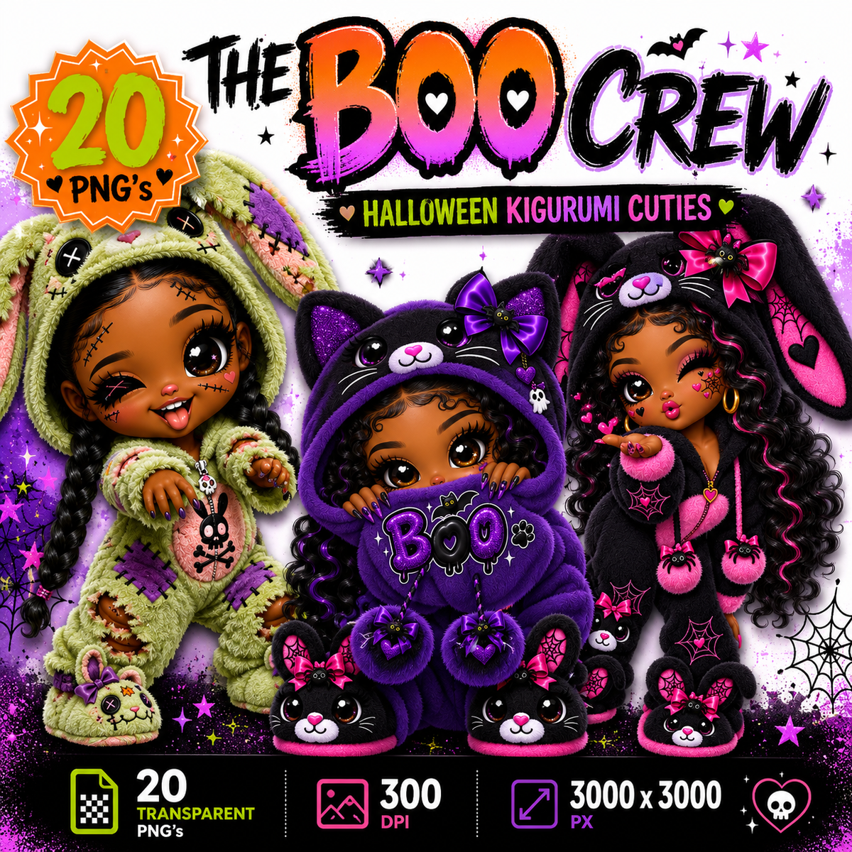 The Boo Crew 20 kawaii Halloween kigurumi character clipart PNG bundle featuring Black girls in cute spooky costumes