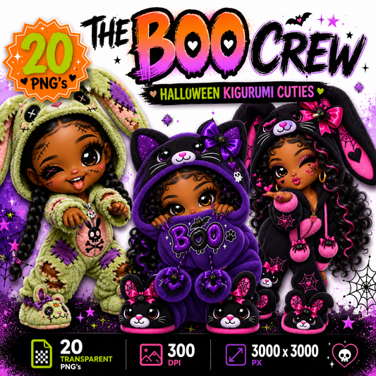 The Boo Crew 20 kawaii Halloween kigurumi character clipart PNG bundle featuring Black girls in cute spooky costumes