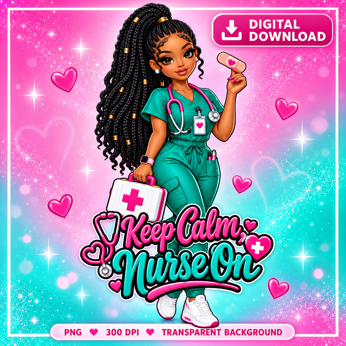 Keep Calm Nurse On PNG digital download featuring a Black nurse in teal scrubs